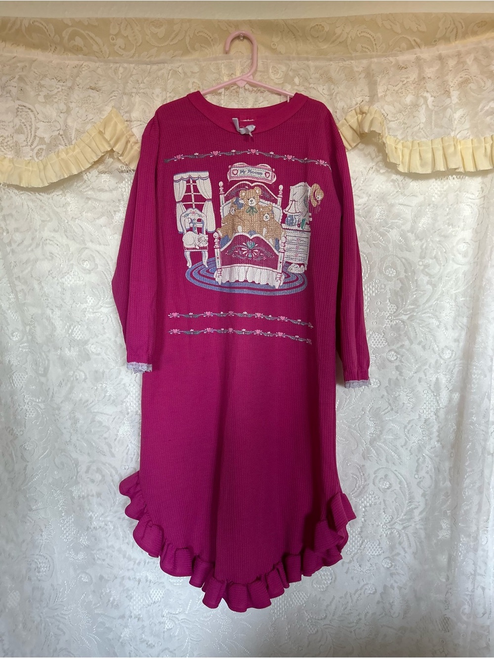 Vintage Girls Hot Pink Ruffle Hem Nightgownwith Bedtime Print 9/10y